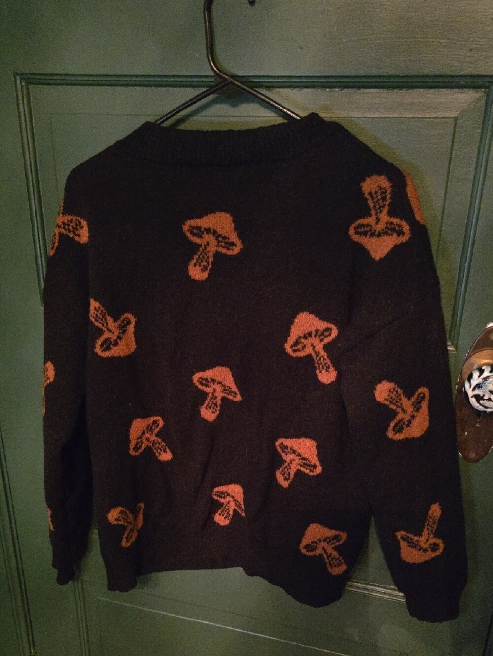 No Boundaries Black Crewneck Sweater with Brown Mushroom Motif - Picture 3 of 3